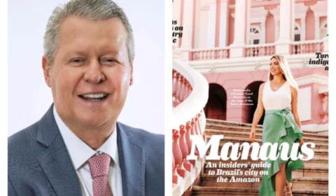 Internautas criticam prefeito por capa de revista sobre Manaus com loira no Teatro Amazonas