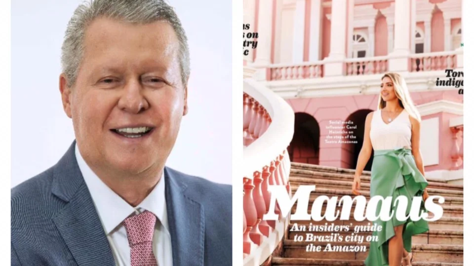 Internautas criticam prefeito por capa de revista sobre Manaus com loira no Teatro Amazonas