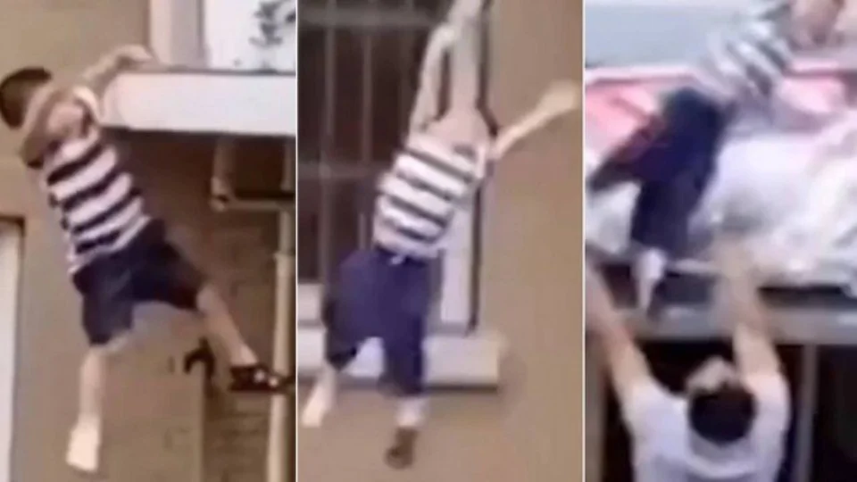 Homem agarra menino de 2 anos, deixado sozinho em casa, após cair do quinto andar de prédio; vídeo