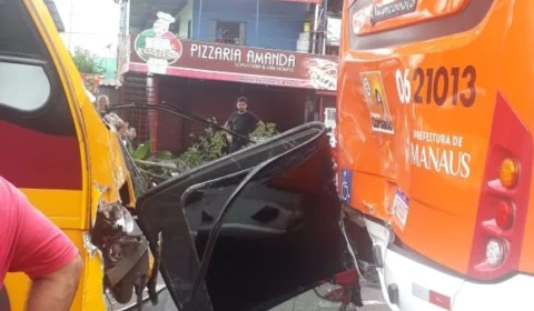 Acidente entre “Amarelinho” e ônibus coletivo deixa 4 feridos; Veja vídeo!