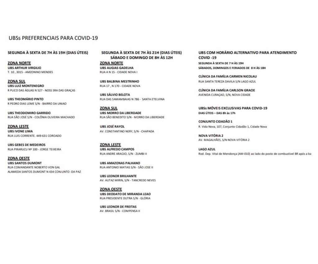 Prefeitura divulga a localização de UBS's das zonas de Manaus.