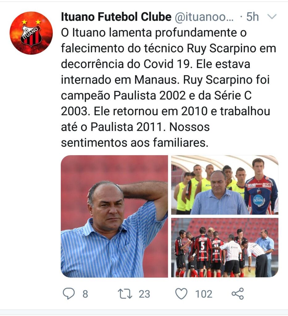 Técnico Ruy Scarpino morre por complicações da covid-19.