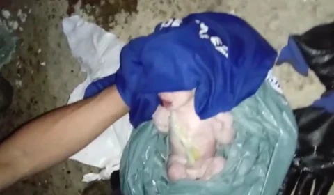 Veja vídeo: Recém-nascido com cordão umbilical e placenta  é encontrado dentro de sacola de lixo