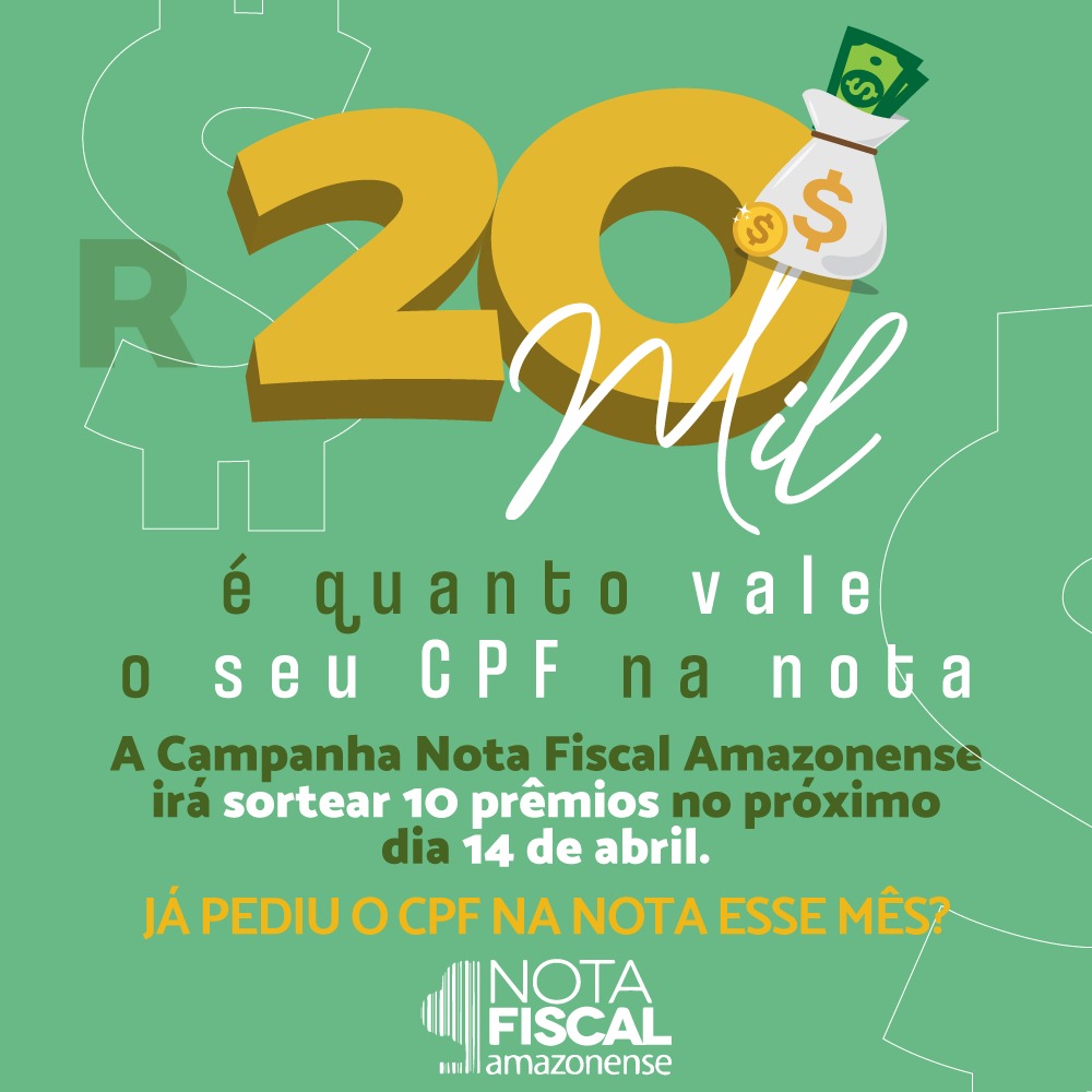 Sorteio mensal da Nota Fiscal Amazonense acontece nesta quarta-feira (14/04).