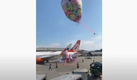 Vídeo! balão gigante cai e atinge avião próximo de aeroporto