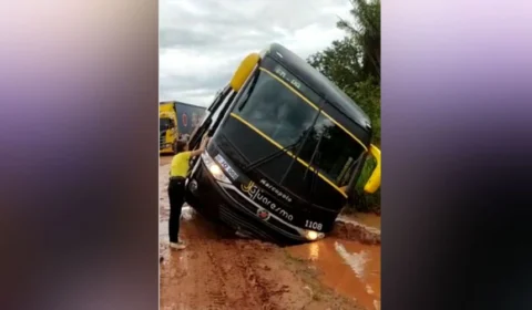 Vídeo: ônibus cai em buraco e quase vira em trecho de estrada