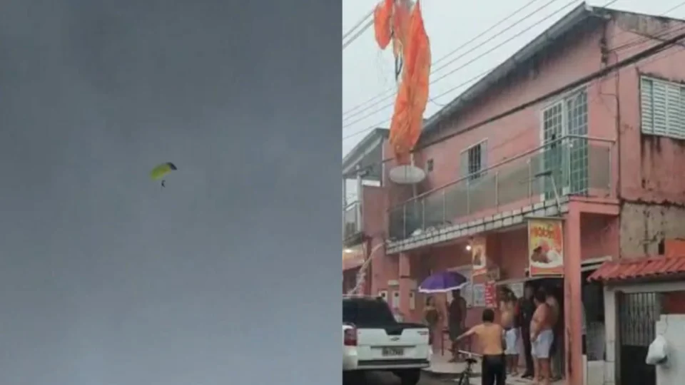 URGENTE: paraquedista é arrastado pela tempestade e cai sobre fios de energia