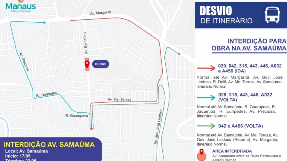 Linhas de ônibus terão itinerários alterados para obras de drenagem na avenida Samaúma