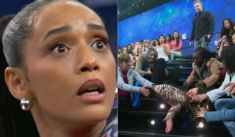 VEJA VÍDEO: Fã de Taís Araújo cai do palco do Domingão e assusta plateia