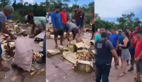 Multidão saqueia carga de cerveja após tombamento de caminhão