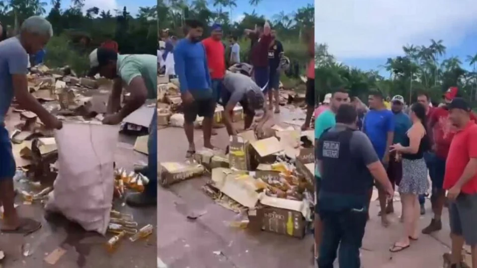 Multidão saqueia carga de cerveja após tombamento de caminhão