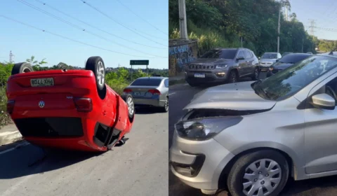 Carro capota após acidente envolvendo outros dois veículos em Manaus; vídeo