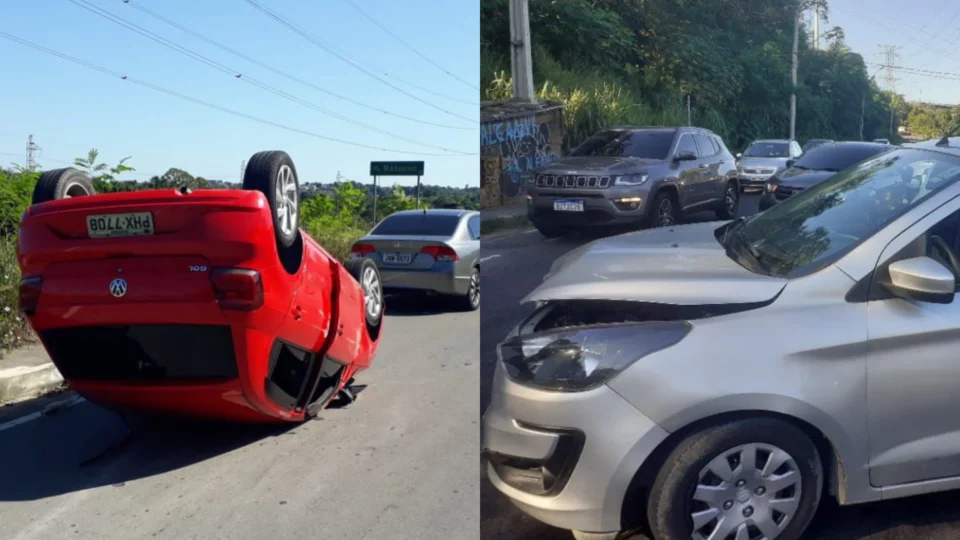 Carro capota após acidente envolvendo outros dois veículos em Manaus; vídeo