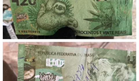 PF apreende ‘cédula’ de R$ 420 com desenhos de maconha e bicho-preguiça estampados