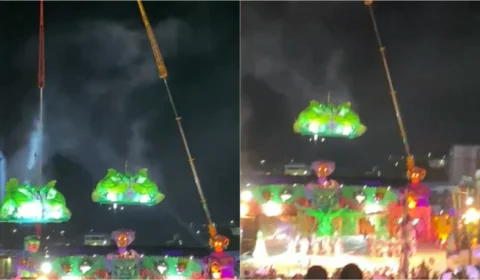 URGENTE: alegoria pendurada em guindaste desaba e deixa feridos durante Festival de Manacapuru