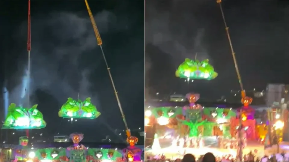 URGENTE: alegoria pendurada em guindaste desaba e deixa feridos durante Festival de Manacapuru