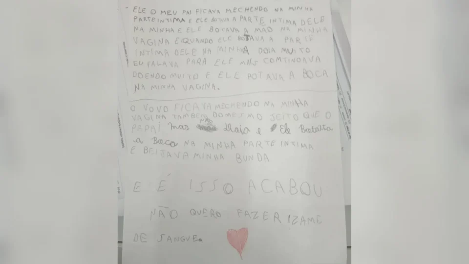 Menina de 9 anos revela estupro cometido pelo pai e avô em carta