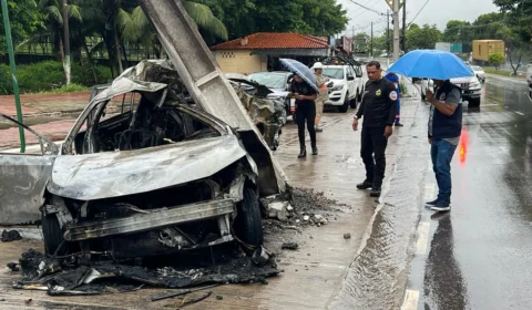 VÍDEO: Carro pega fogo ao colidir com poste e motorista de aplicativo morre carbonizado