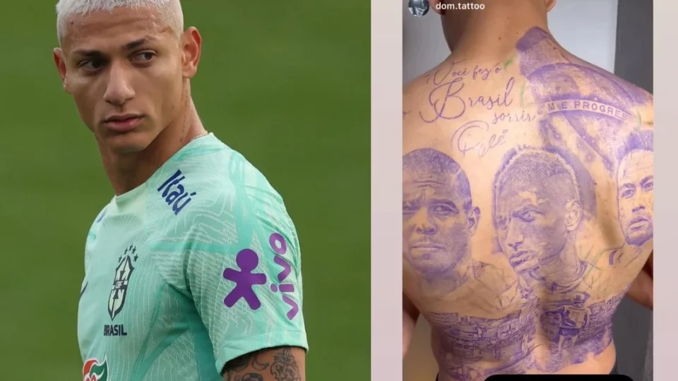 Richarlison tatua rosto de Neymar e Ronaldo nas costas