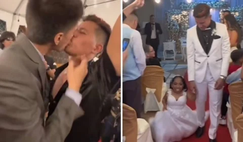 Noivo é beijado por convidado na frente da mulher durante casamento