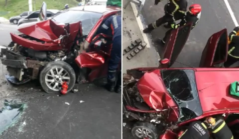 VÍDEOS: Carro colide com plataforma e vítimas ficam presas às ferragens
