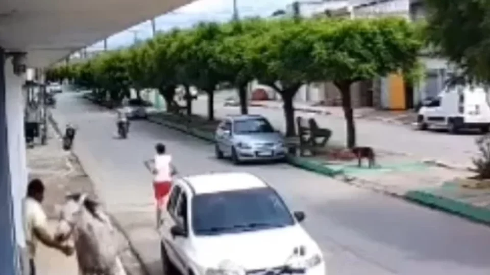 VÍDEO: criança montada em cavalo colide com carro no interior