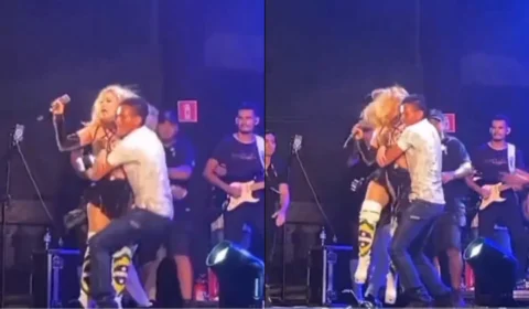 VÍDEO: fã invade palco, dá susto e levanta Joelma pela cintura; veja