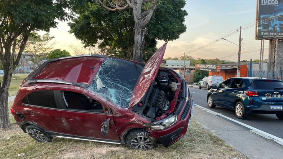 Onix capota 3 vezes até parar em árvore no canteiro central da avenida das Torres
