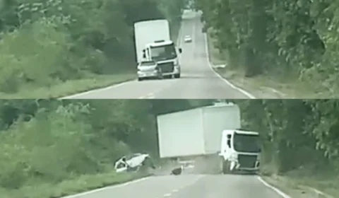 VEJA VÍDEO: motorista invade contra mão e bate contra carreta na BR-174