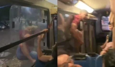 VEJA VÍDEO: Homem se pendura em ônibus em movimento para flagrar suposta traição