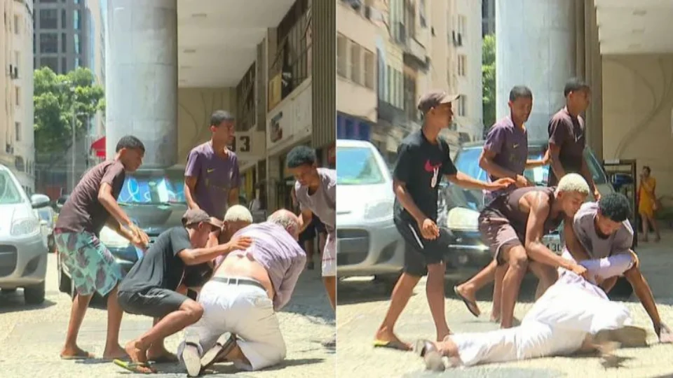 Em assalto, idoso é jogado no chão e luta contra seis; Veja vídeo