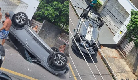 VÍDEO: Carro fica capotado após batida, no bairro Aleixo