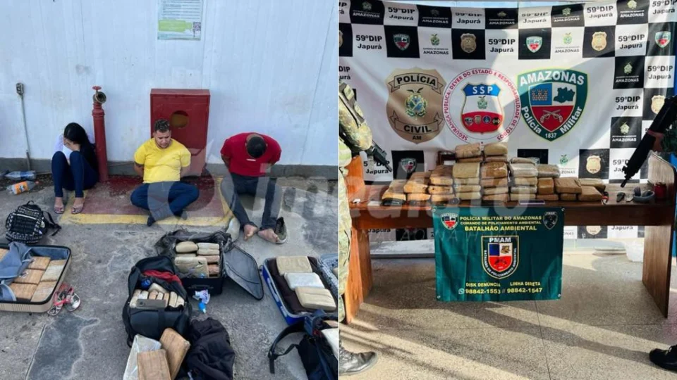 Trio é preso com 50kg de maconha escondidas em mala no Amazonas