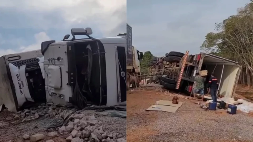 Carreta transportando carga de frios tomba na BR-319