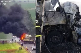 Motorista de van morre carbonizado em acidente com carreta