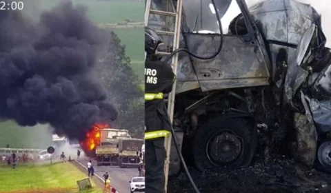 Motorista de van morre carbonizado em acidente com carreta