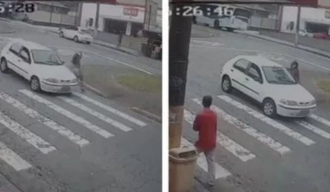 VEJA VÍDEO: mulher escapa de atropelamento, mas leva soco de motorista