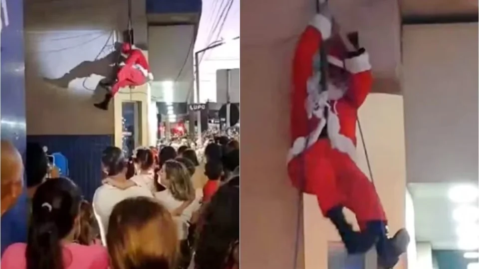 VEJA VÍDEO: Papai Noel desce de rapel, mas fica pendurado após se enroscar