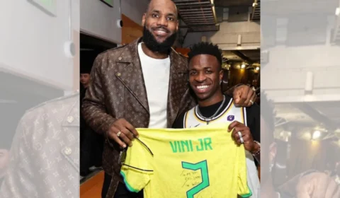 Vinícius Jr. e LeBron James trocam camisas em noite de Natal