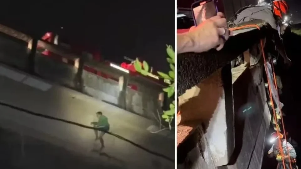 Homem é resgatado pendurado em cabos de aço após ser jogado de ponte por sequestradores