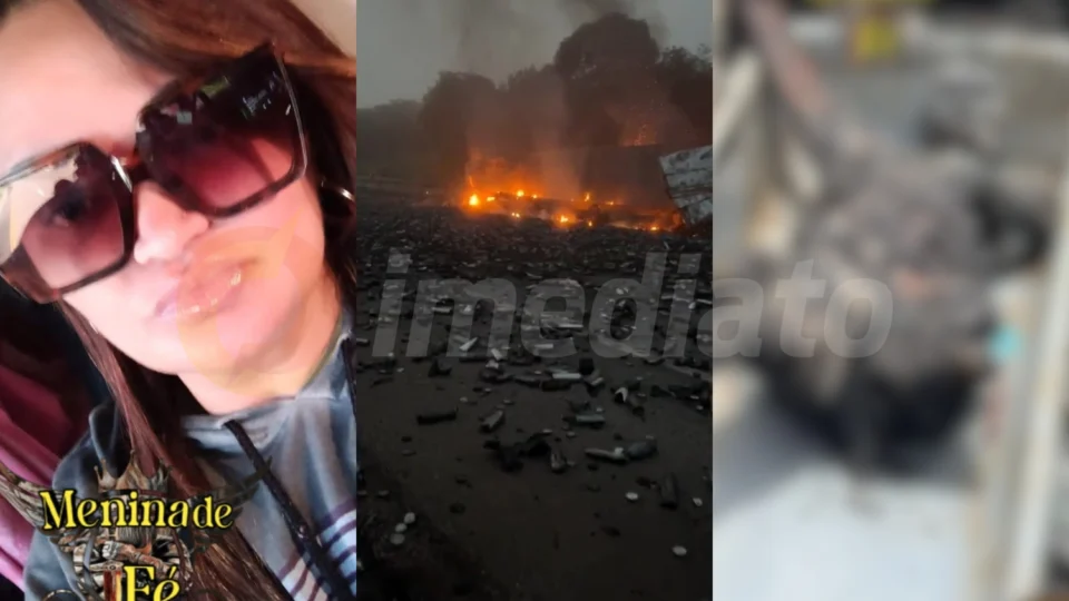 Imagens fortes: caminhoneira morre carbonizada após acidente com carga de aerossol