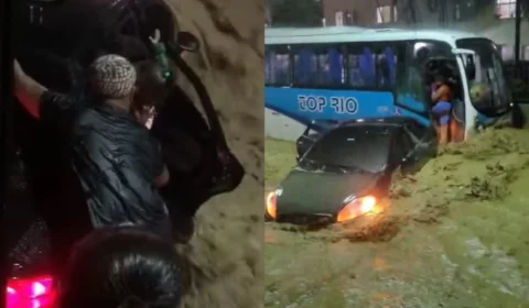 Carro é arrastado pela enxurrada momentos depois de jovem resgatar família