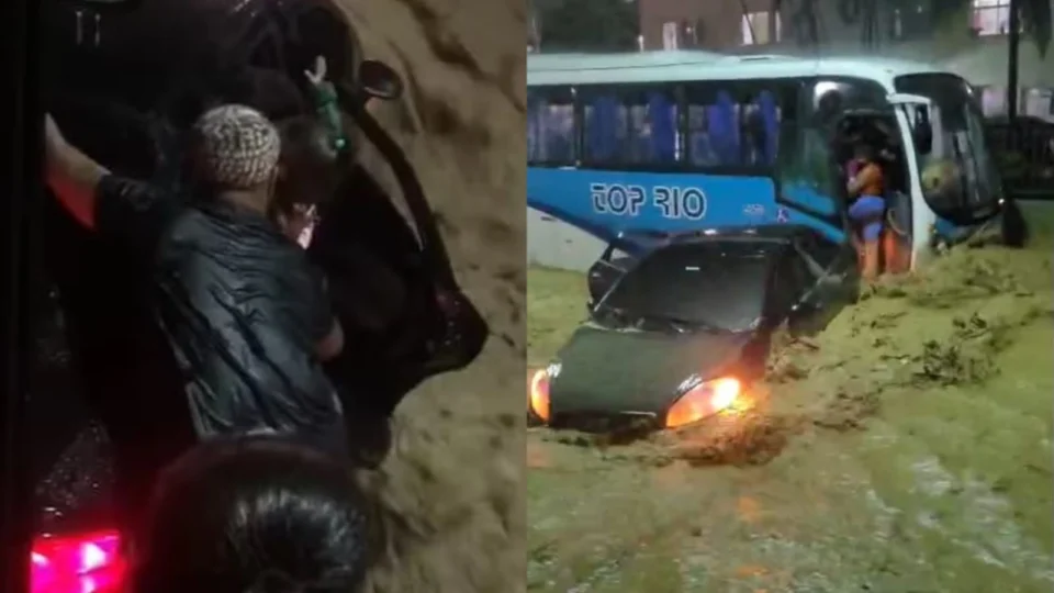 Carro é arrastado pela enxurrada momentos depois de jovem resgatar família