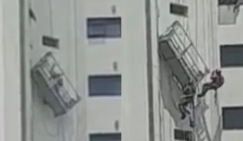 VÍDEO: Operário fica preso em andaime a 20 metros de altura em São Paulo