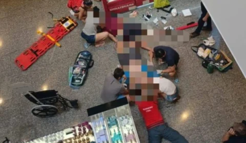 Homem cai sobre pedestre ao pular de shopping; ambos sobrevivem