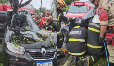 Vídeo: carro bate contra árvore e casal fica preso às ferragens na Av. do Futuro