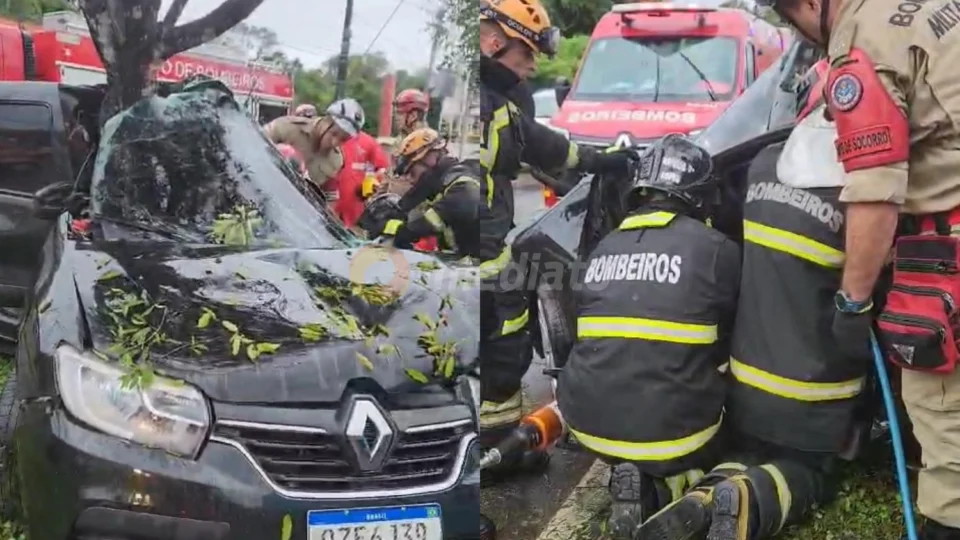 Vídeo: carro bate contra árvore e casal fica preso às ferragens na Av. do Futuro