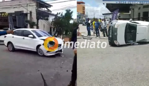 VEJA VÍDEOS: carro capota após colisão com outro veículo em cruzamento no bairro Praça 14