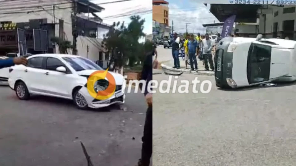 VEJA VÍDEOS: carro capota após colisão com outro veículo em cruzamento no bairro Praça 14