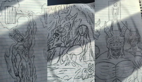 Fotos: adolescente que matou os pais a marteladas desenhava figuras demoníacas em caderno